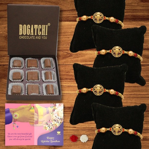 BOGATCHI 9 Chocolate Box 4 Rakhi Roli Chawal and Greeting Card | Rakhi Special Chocolates | Rakhi Gift for Sister 